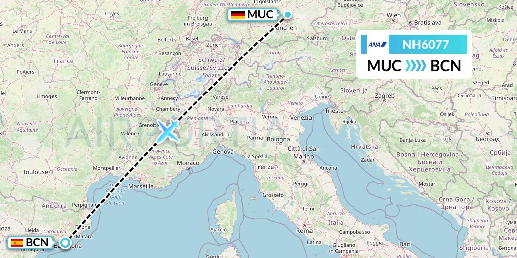 NH6077 All Nippon Airways Flight Map: Munich to Barcelona