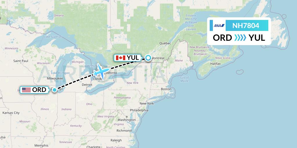 NH7804 All Nippon Airways Flight Map: Chicago to Montreal