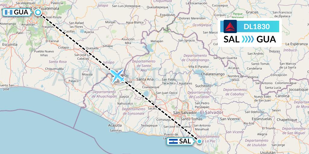 DL1830 Delta Air Lines Flight Map: San Salvador to Guatemala City