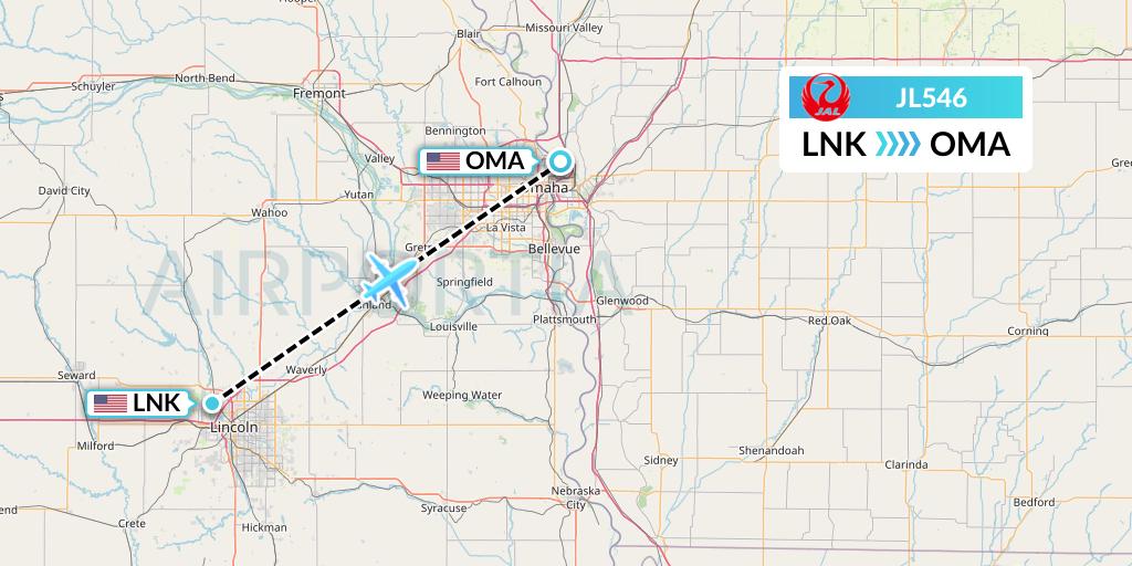 JL546 Japan Airlines Flight Map: Lincoln to Omaha