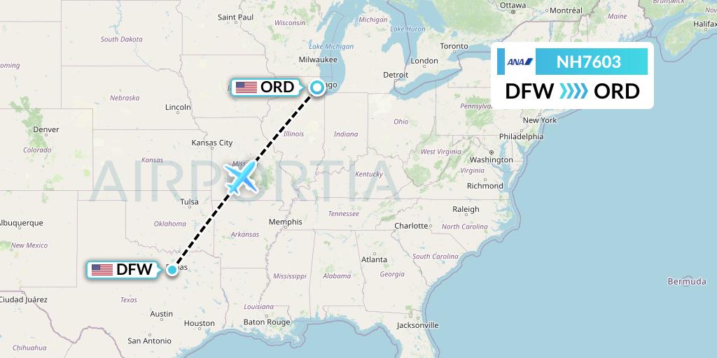 NH7603 All Nippon Airways Flight Map: Dallas to Chicago
