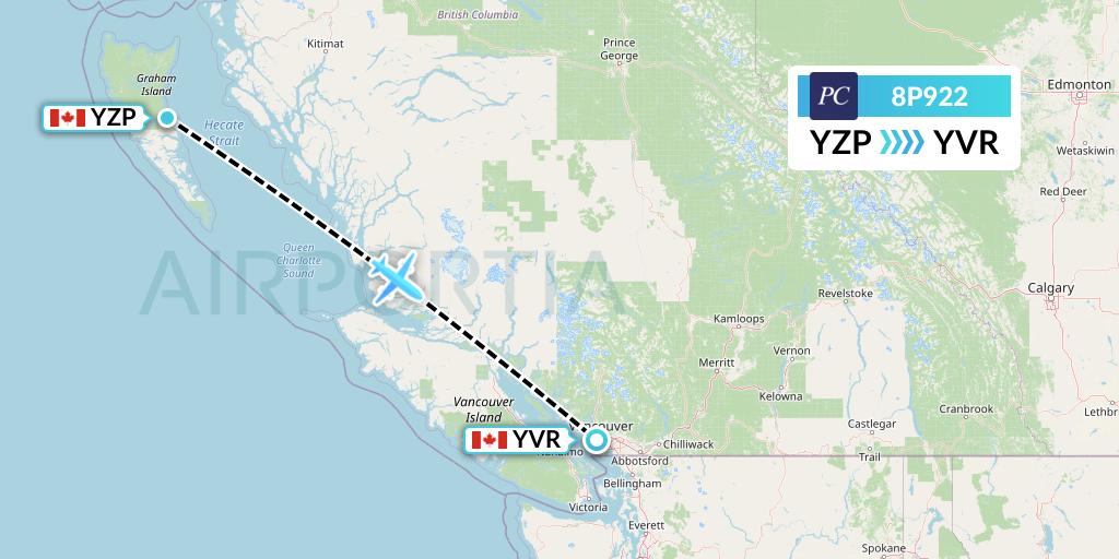 8P922 Pacific Coastal Airlines Flight Map: Sandspit to Vancouver