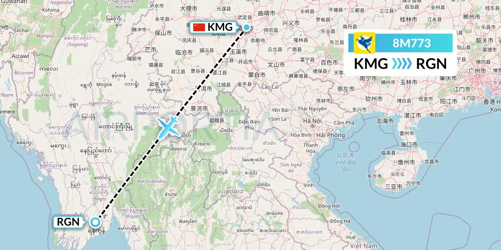 8M773 Myanmar Airways International Flight Map: Kunming to Yangon