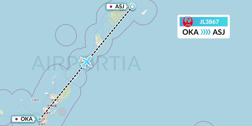 JL3867 Japan Airlines Flight Map: Naha to Amami
