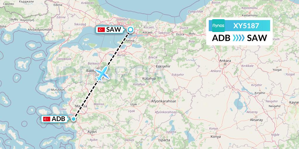 XY5187 Flynas Flight Map: Izmir to Istanbul