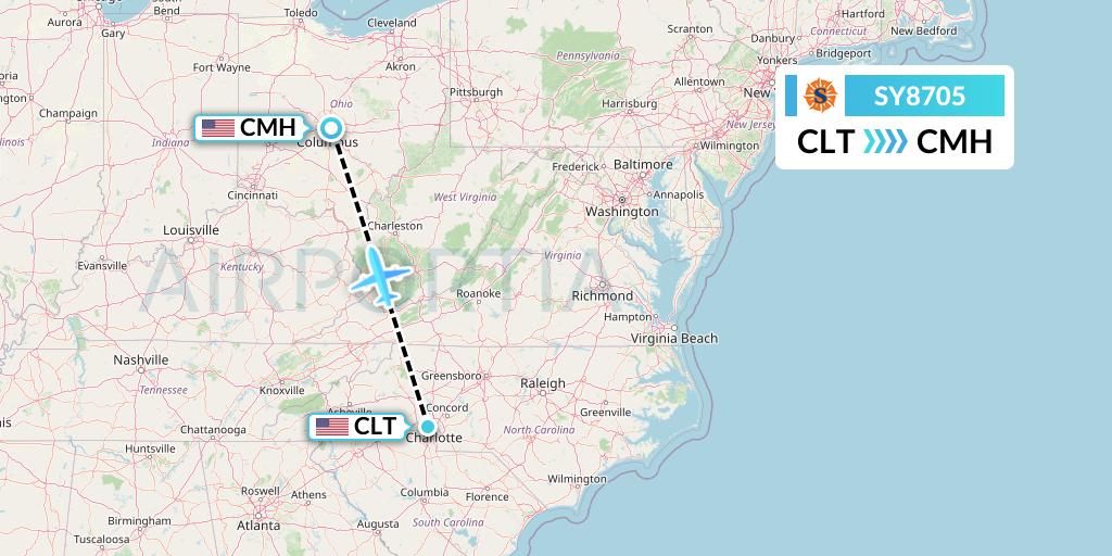SY8705 Sun Country Airlines Flight Map: Charlotte to Columbus