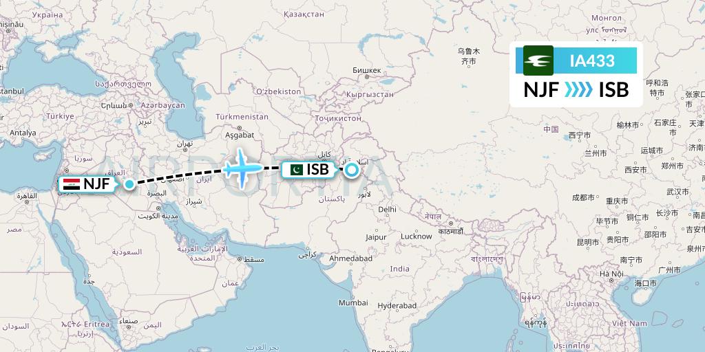 IA433 Iraqi Airways Flight Map: Najaf to Islamabad