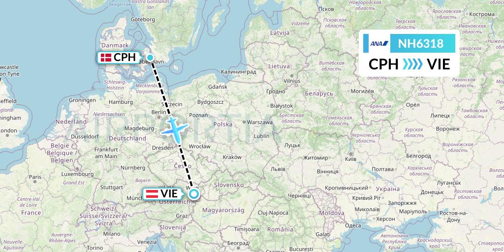 NH6318 All Nippon Airways Flight Map: Copenhagen to Vienna