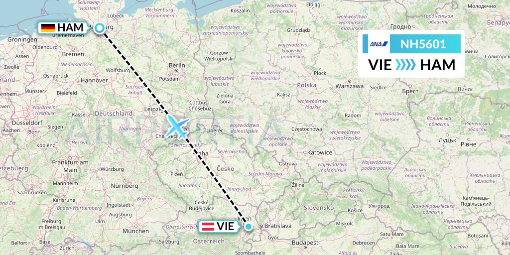 NH5601 All Nippon Airways Flight Map: Vienna to Hamburg