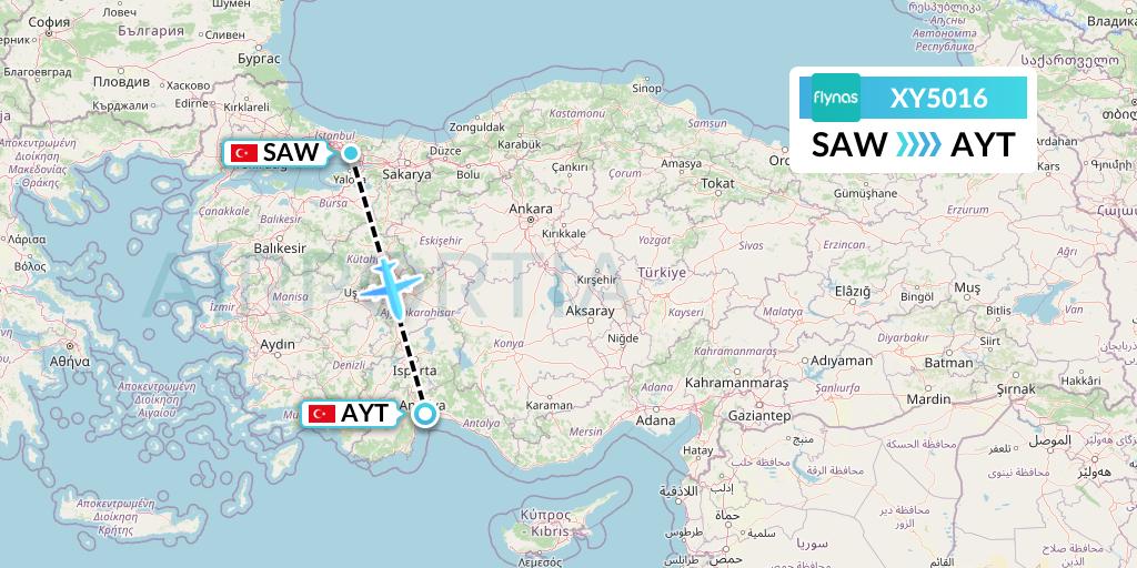XY5016 flynas Flight Map: Istanbul to Antalya