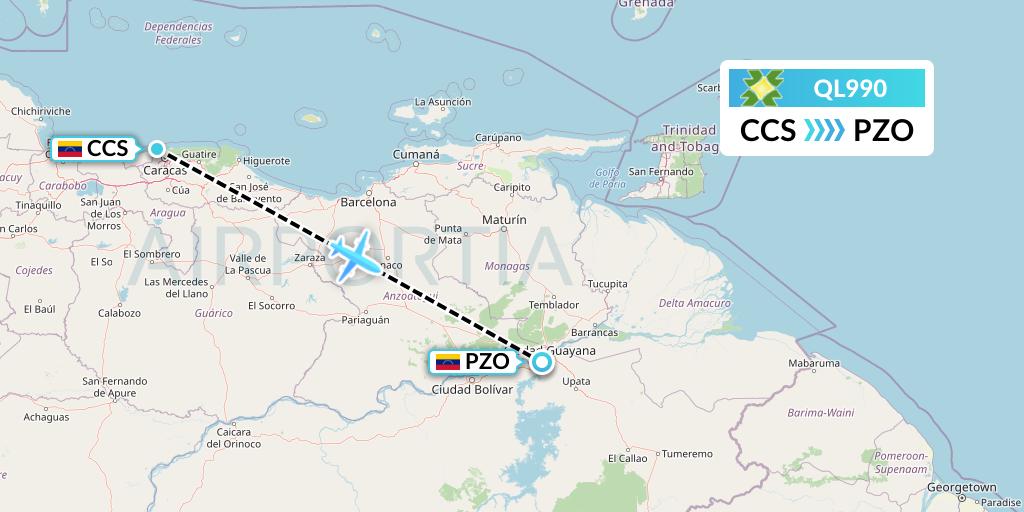 QL990 Laser Airlines Flight Map: Caracas to Puerto Ordaz