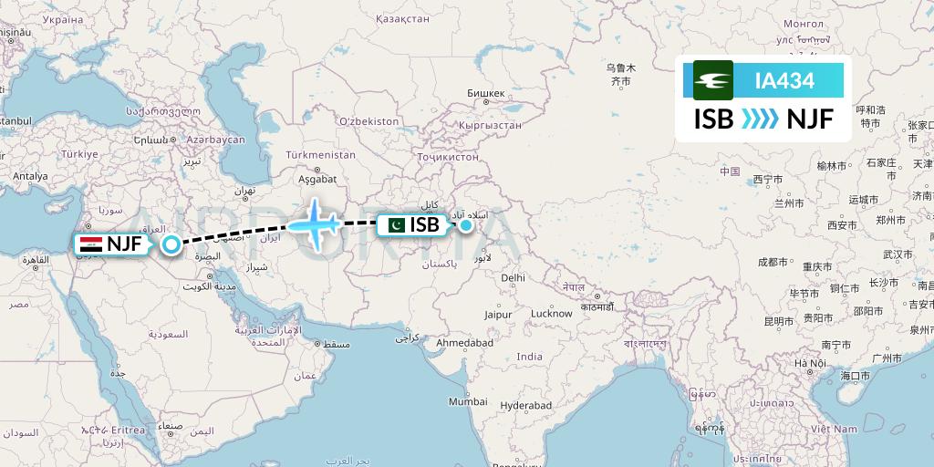 IA434 Iraqi Airways Flight Map: Islamabad to Najaf