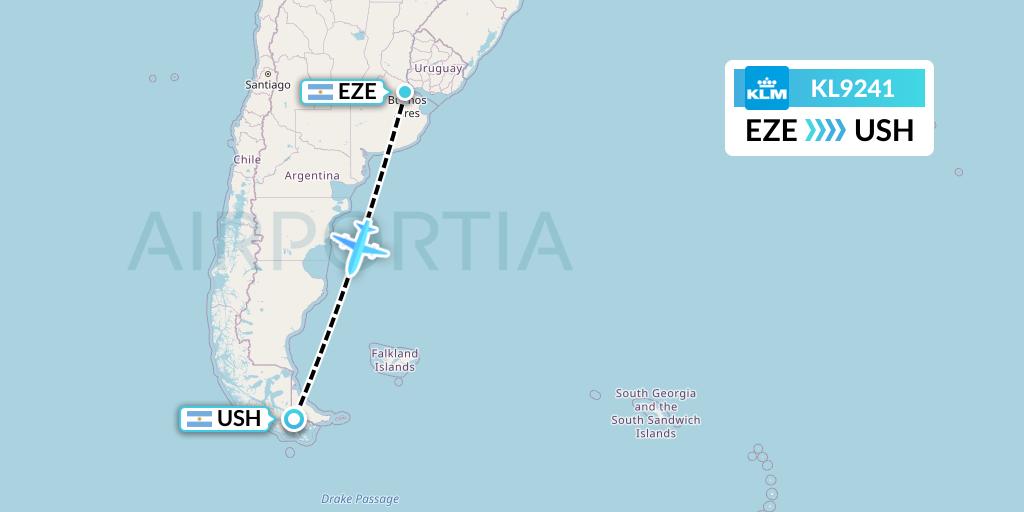 KL9241 KLM Flight Map: Buenos Aires to Ushuaia