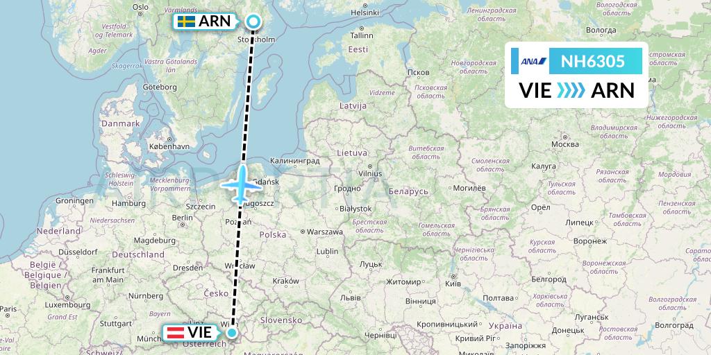 NH6305 All Nippon Airways Flight Map: Vienna to Stockholm