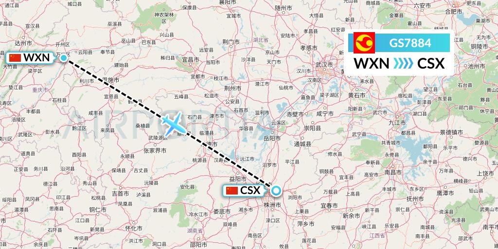 GS7884 Tianjin Airlines Flight Map: Wanzhou to Changsha