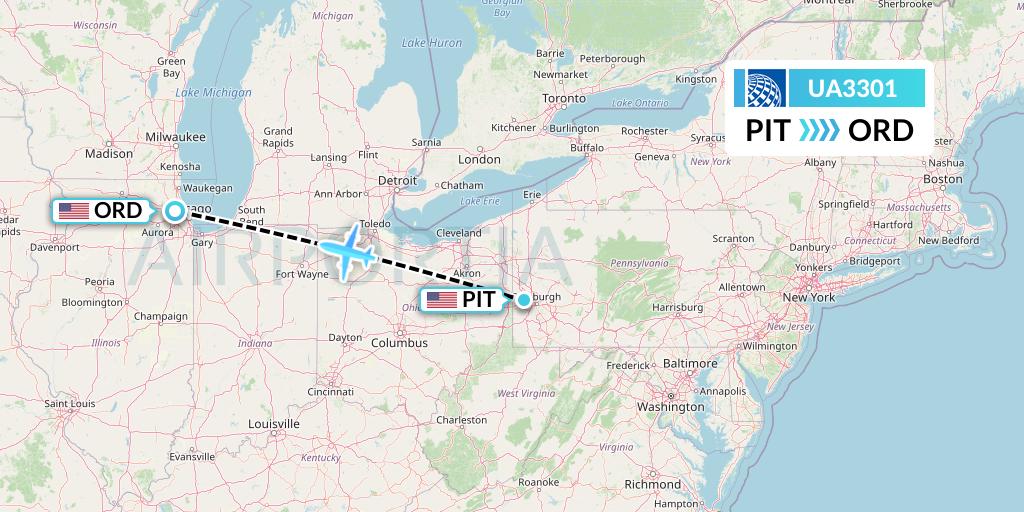 UA3301 United Airlines Flight Map: Pittsburgh to Chicago