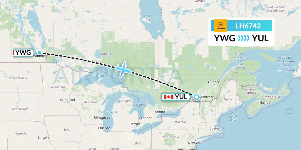 LH6742 Lufthansa Flight Map: Winnipeg to Montreal