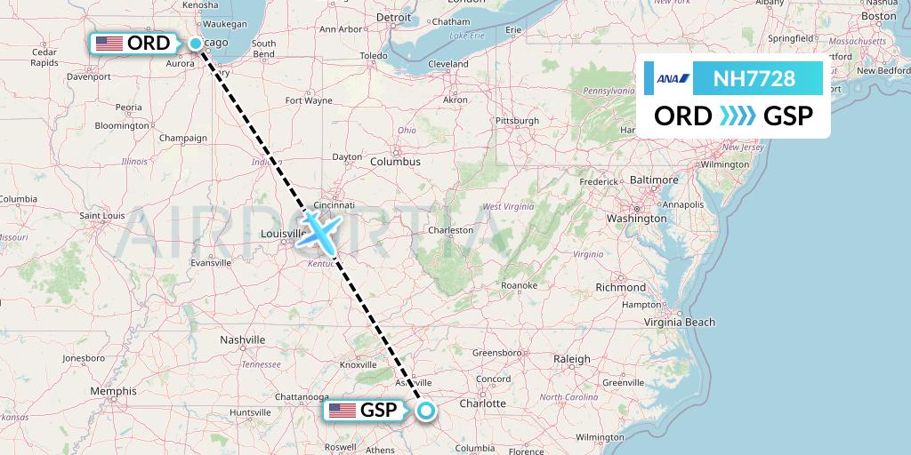 NH7728 All Nippon Airways Flight Map: Chicago to Greenville-Spartanburg