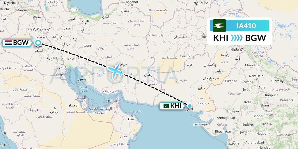 IA410 Iraqi Airways Flight Map: Karachi to Baghdad