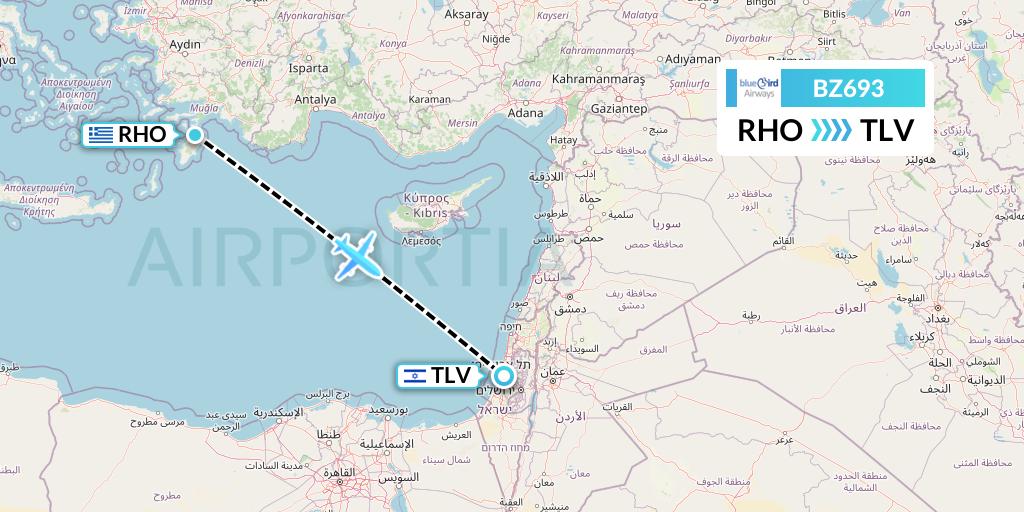BZ693 Bluebird Airways Flight Map: Rhodes to Tel Aviv