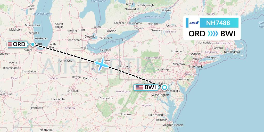 NH7488 All Nippon Airways Flight Map: Chicago to Baltimore