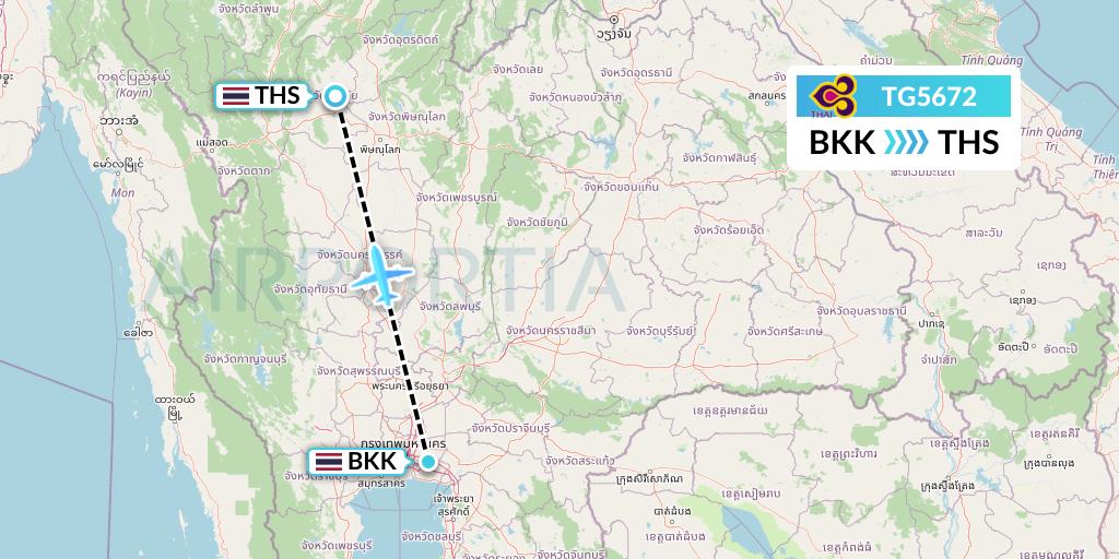 TG5672 Thai Airways Flight Map: Bangkok to Sukhothai