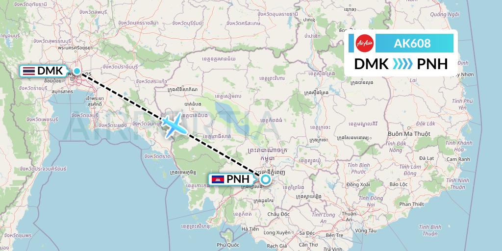 AK608 AirAsia Flight Map: Bangkok to Phnom Penh