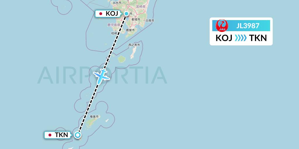 JL3987 Japan Airlines Flight Map: Kagoshima to Tokunoshima