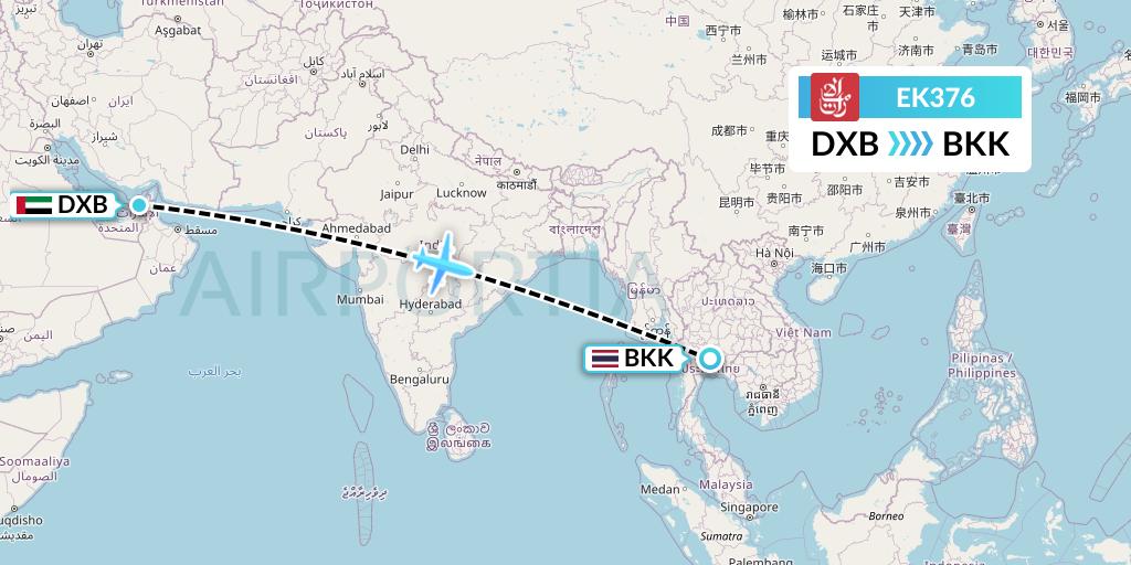 EK376 Emirates Flight Map: Dubai to Bangkok