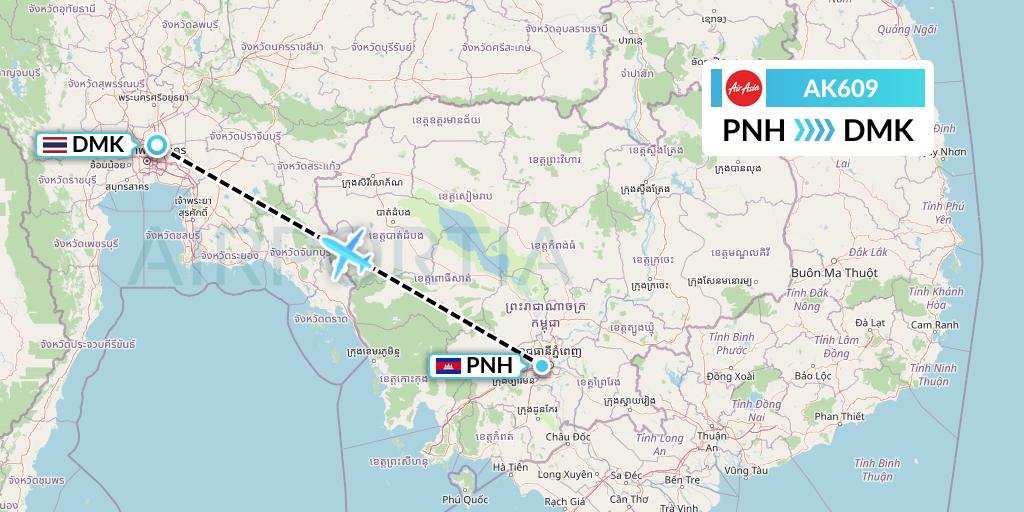 AK609 AirAsia Flight Map: Phnom Penh to Bangkok