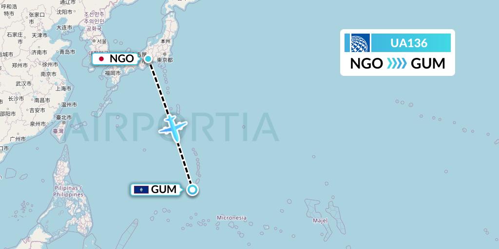 UA136 United Airlines Flight Map: Nagoya to Guam
