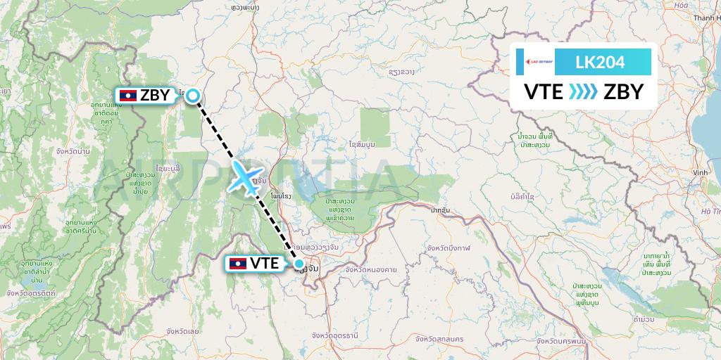 LK204 Lao Skyway Flight Map: Vientiane to Sayaboury
