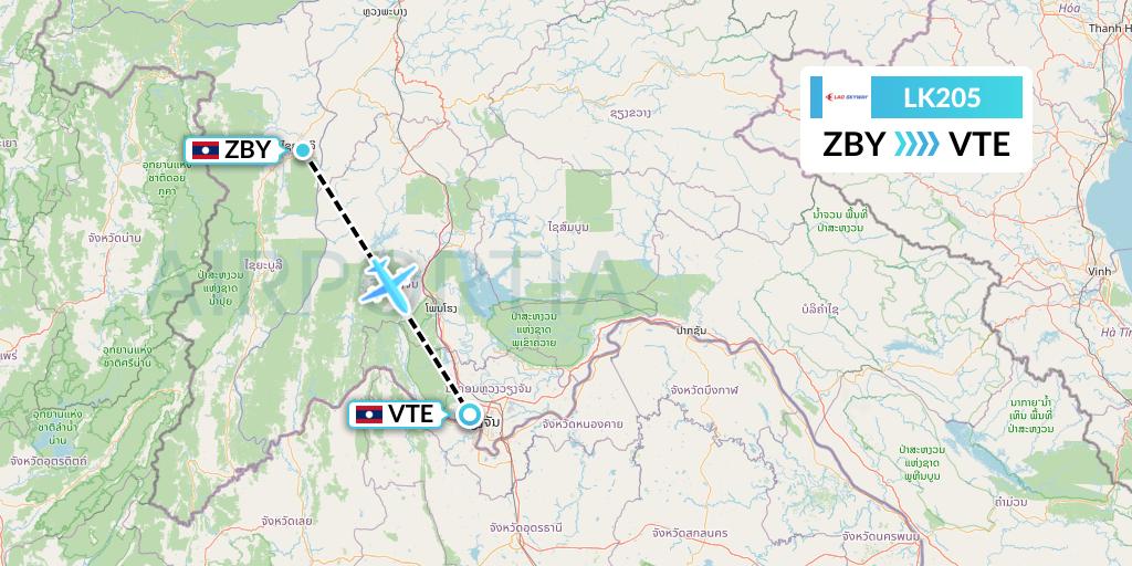 LK205 Lao Skyway Flight Map: Sayaboury to Vientiane
