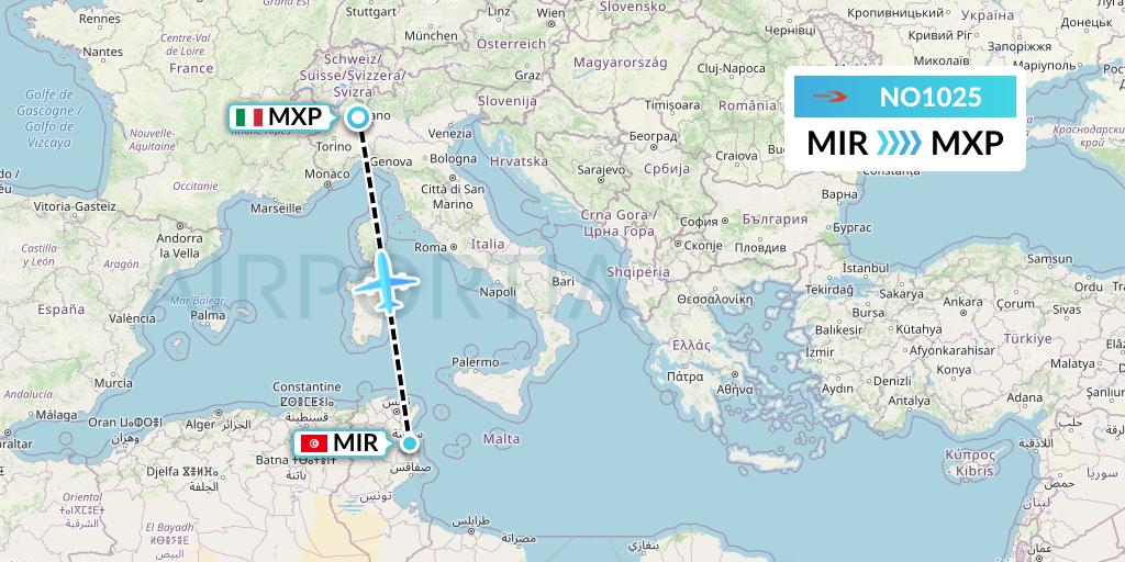 NO1025 Neos Flight Map: Monastir to Milan