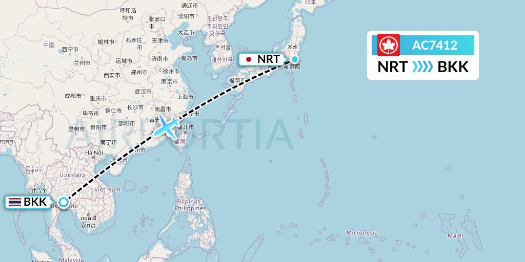 AC7412 Air Canada Flight Map: Tokyo to Bangkok