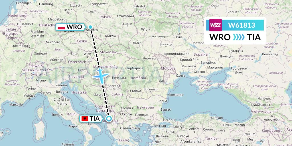 W61813 Wizz Air Flight Map: Wroclaw to Tirana