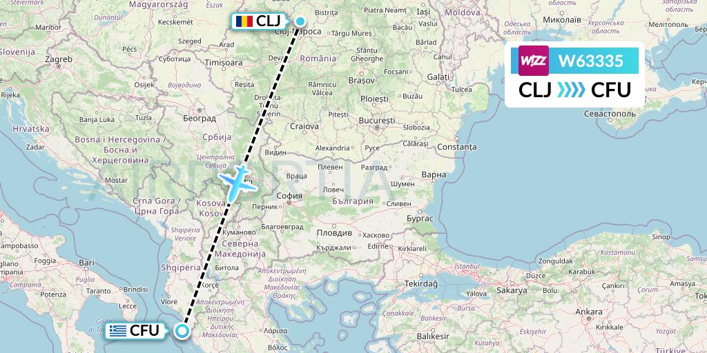 W63335 Wizz Air Flight Map: Cluj-Napoca to Corfu