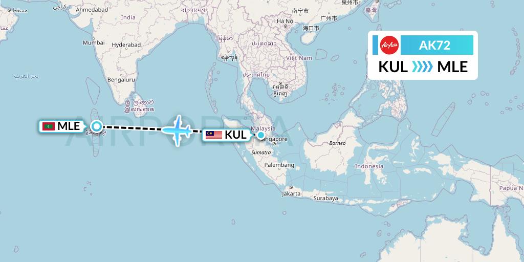 AK72 AirAsia Flight Map: Kuala Lumpur to Male
