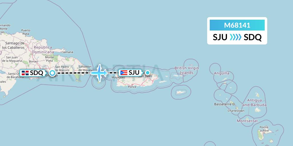 M68141 Amerijet International Flight Map: San Juan to Santo Domingo