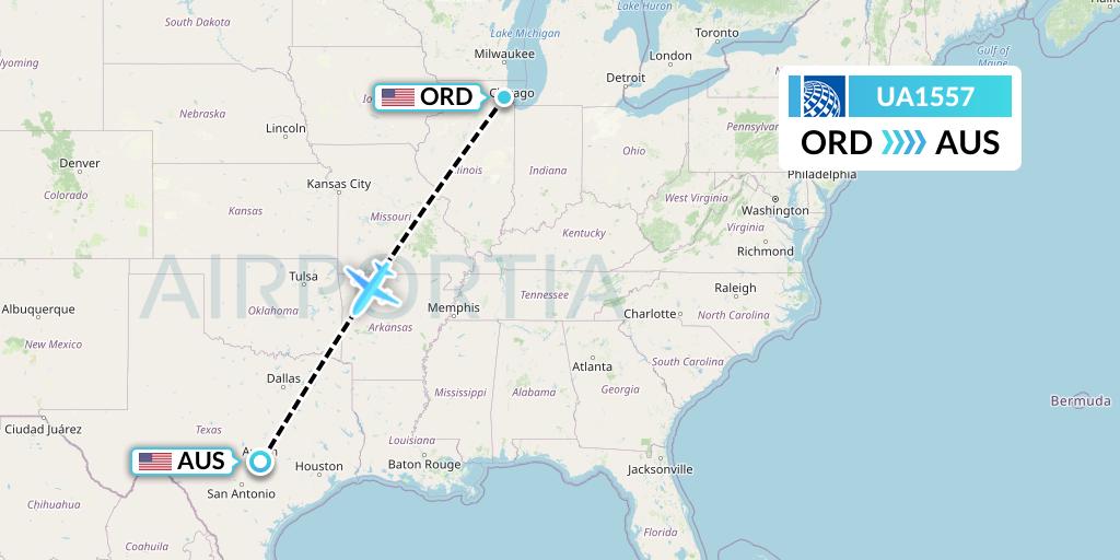 UA1557 United Airlines Flight Map: Chicago to Austin