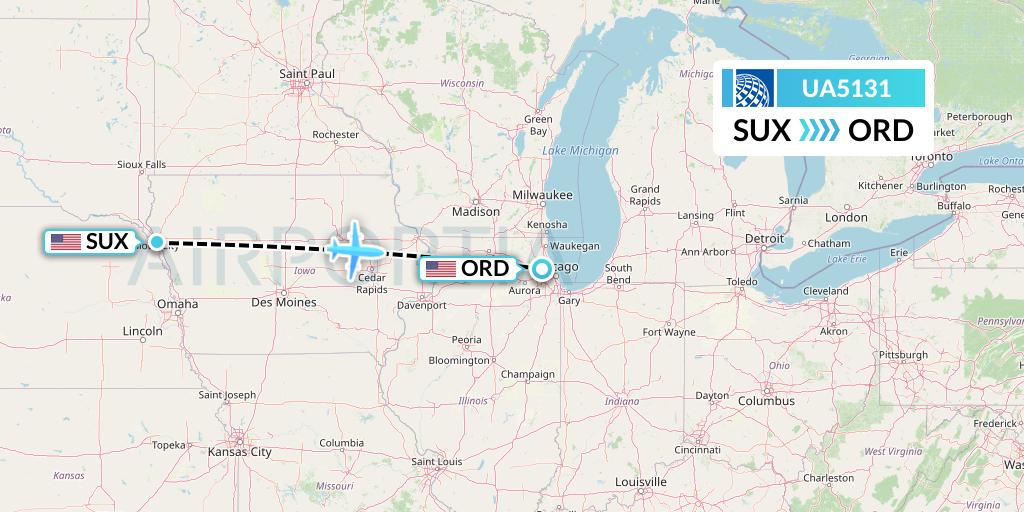 UA5131 United Airlines Flight Map: Sioux City to Chicago