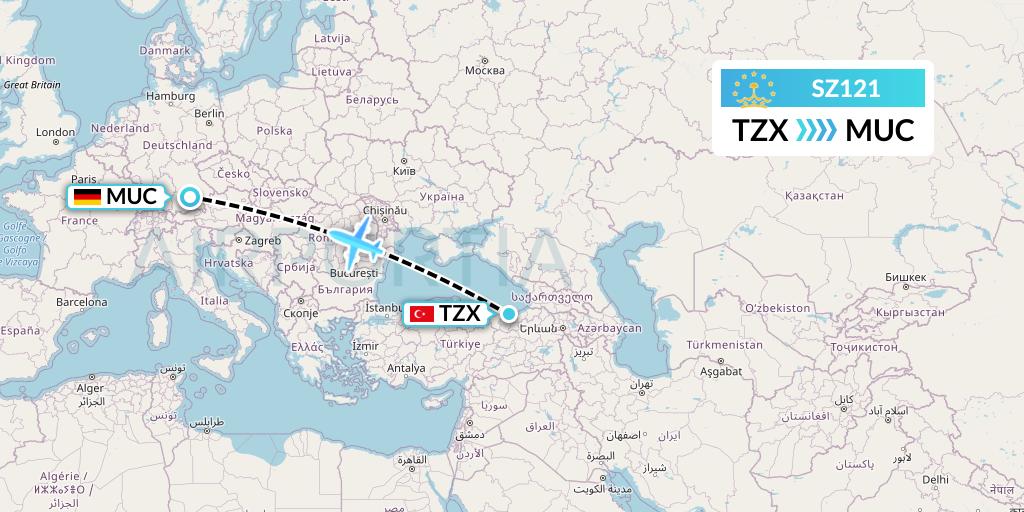 SZ121 Somon Air Flight Map: Trabzon to Munich