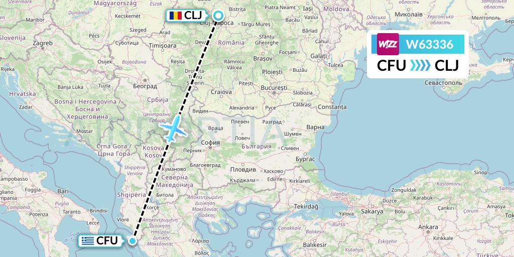 W63336 Wizz Air Flight Map: Corfu to Cluj-Napoca