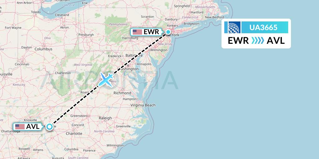 UA3665 United Airlines Flight Map: New York to Asheville