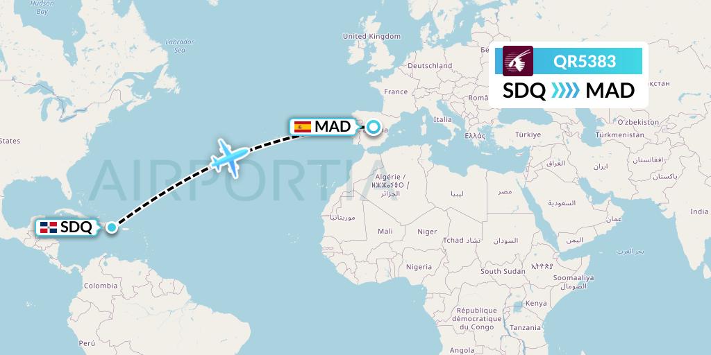 QR5383 Qatar Airways Flight Map: Santo Domingo to Madrid