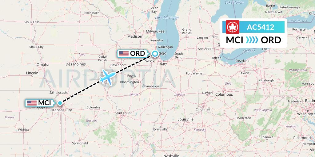 AC5412 Air Canada Flight Map: Kansas City to Chicago