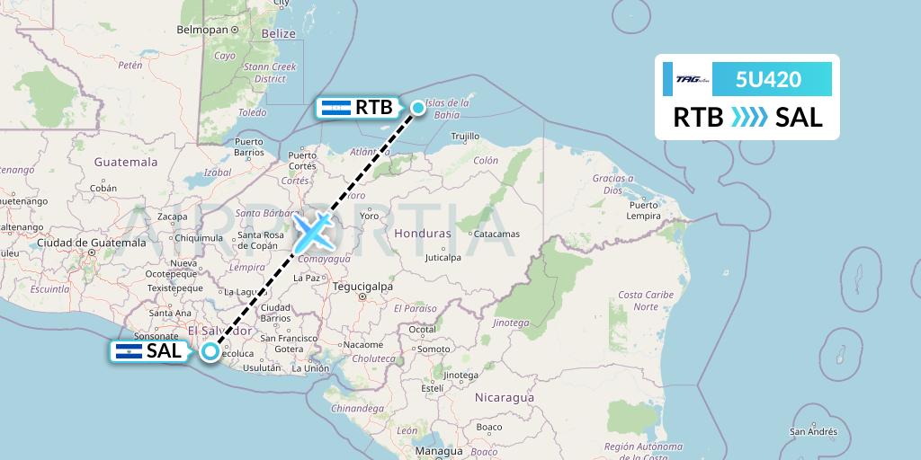 5U420 TAG Airlines Flight Map: Roatan to San Salvador