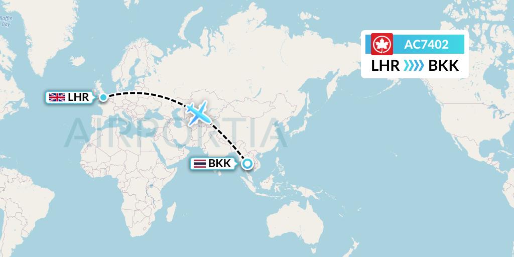 AC7402 Air Canada Flight Map: London to Bangkok