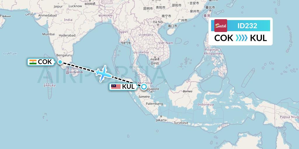 ID232 Batik Air Flight Map: Cochin to Kuala Lumpur