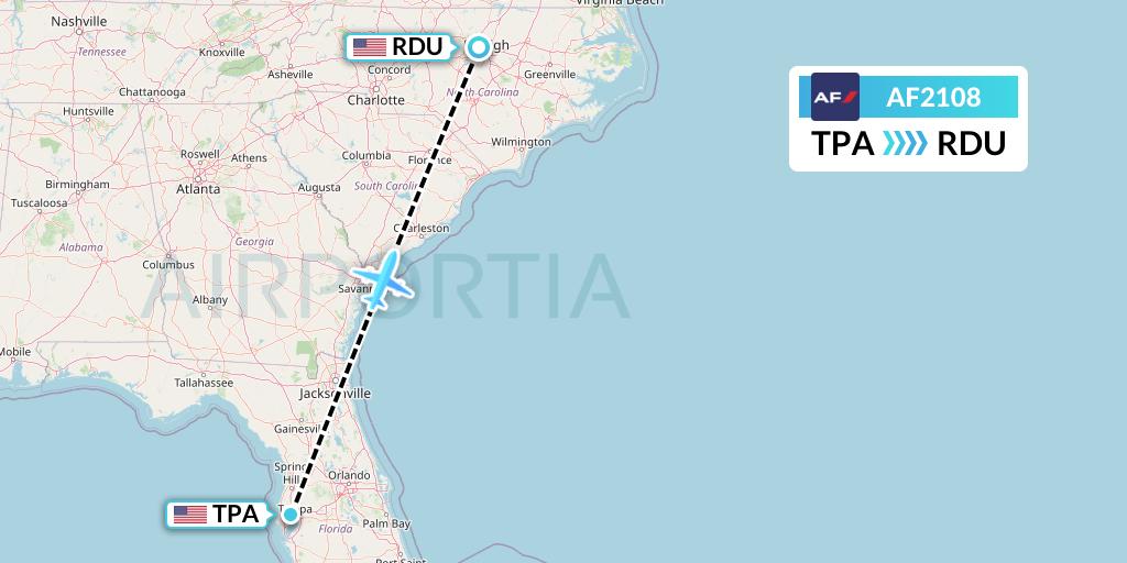 AF2108 Air France Flight Map: Tampa to Raleigh-Durham